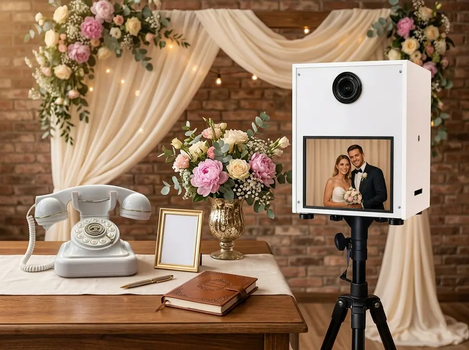 Memora Fotobox auf Stativ bei einer Hochzeitsdekoration mit Blumen, daneben ein weißes Vintage-Telefon
